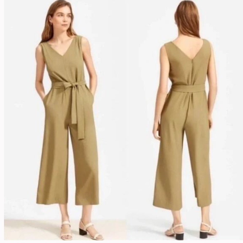 Everlane The Japanese Goweave Green Sleeveless V-Neck Wide Leg Jumpsuit